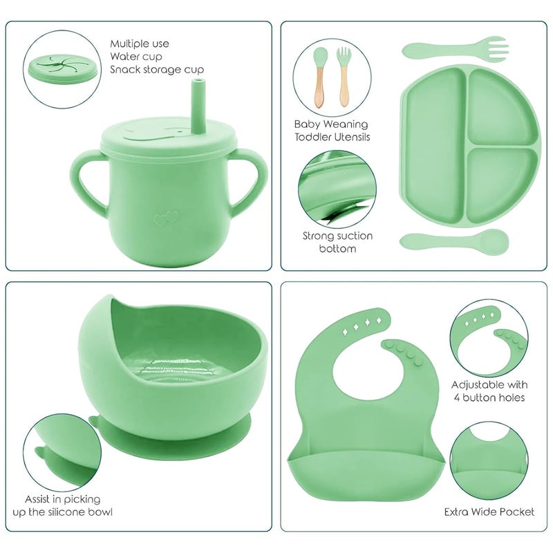Dormlony 100% Silicone Baby Feeding Set,BPA Free Baby Dishes Set with Suction Bowl Divided Plate,Toddler Self Feeding Dish Set with Spoons Forks Sippy Cup and Bib, Baby Eating Utensils (Neon Green) - Image 4